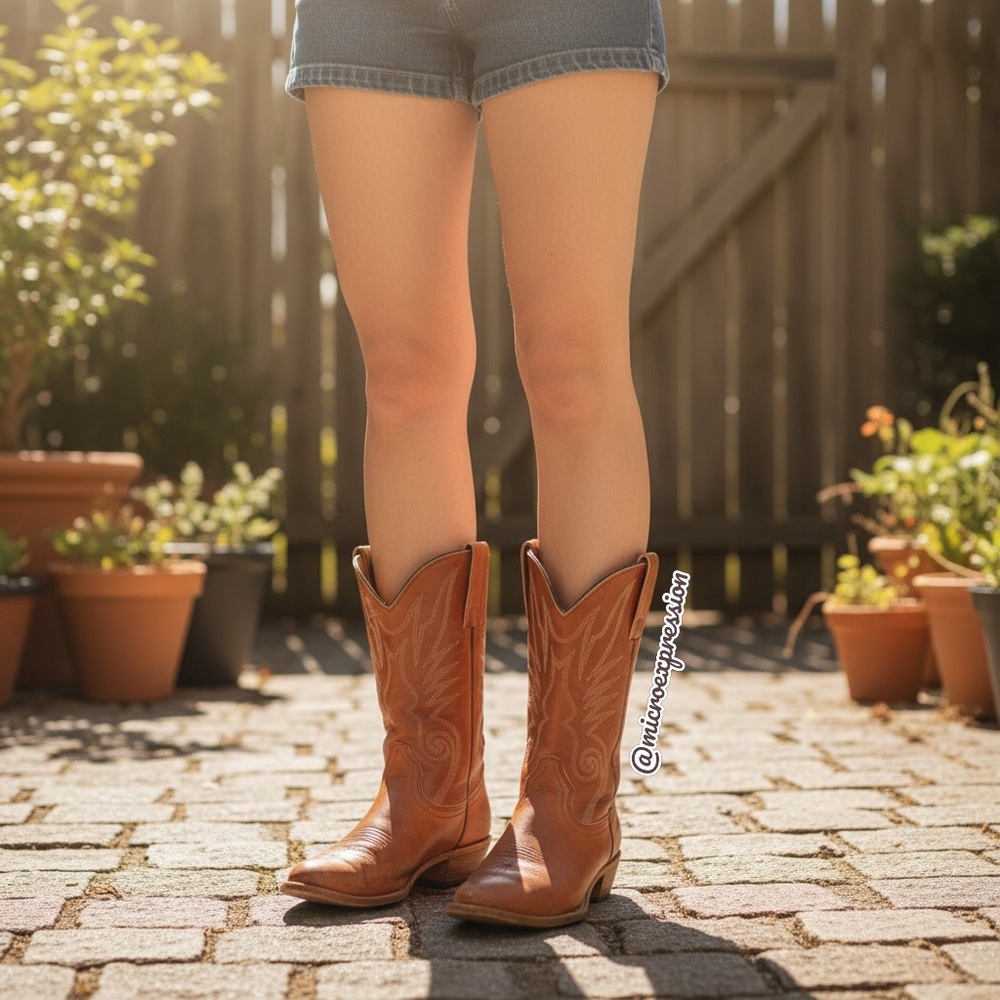 VINTAGE 1990s Frye Brown Tan Leather Pull On Low Heel Western Boho Cowboy Boot - Picture 6 of 16